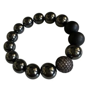 12mm Hematite & Matte Onyx Stretch Bracelet Black Pave Spacer Statement